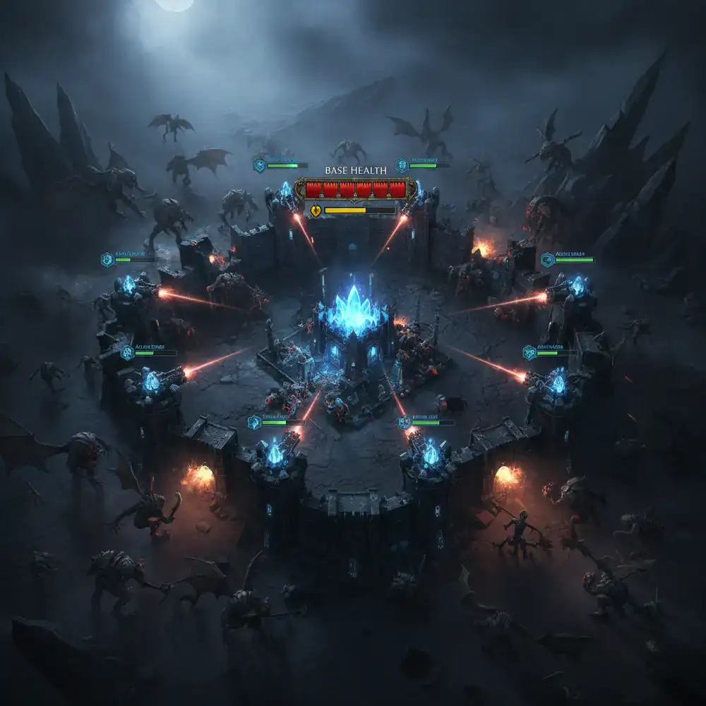 Visão estratégica da base central do jogo defendendo contra ondas de inimigos com torres e barras de vida