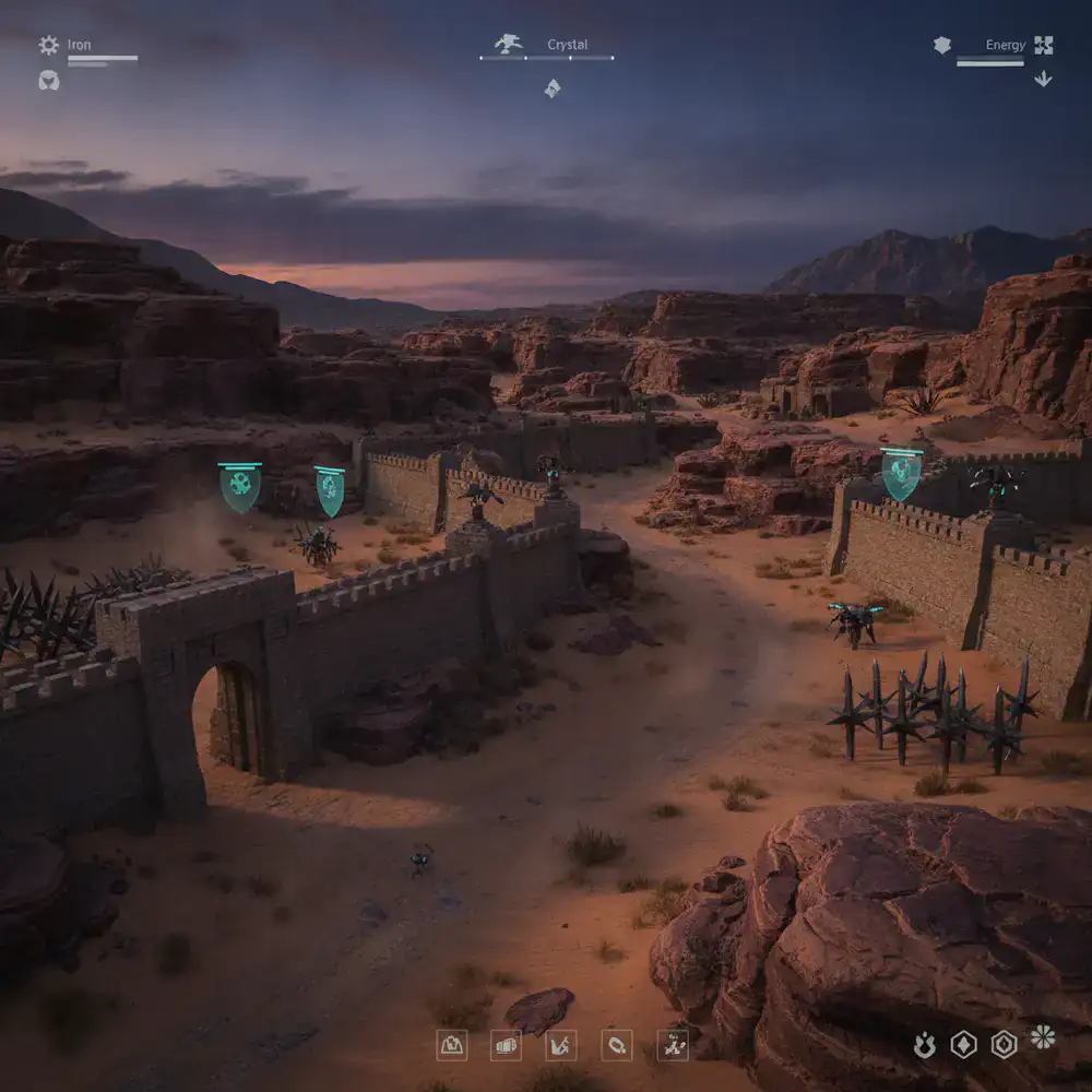 Interface de jogo mostrando defesas estabelecidas em um deserto